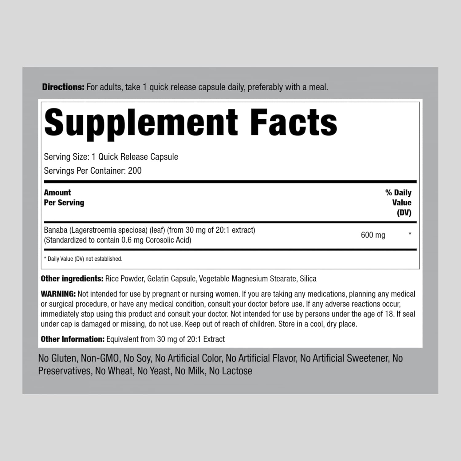 600mg Banaba Leaf Extract Capsules - 200 Pills with Corosolic Acid for Blood Sugar Support - Non-GMO & Gluten Free Herbal Supplement