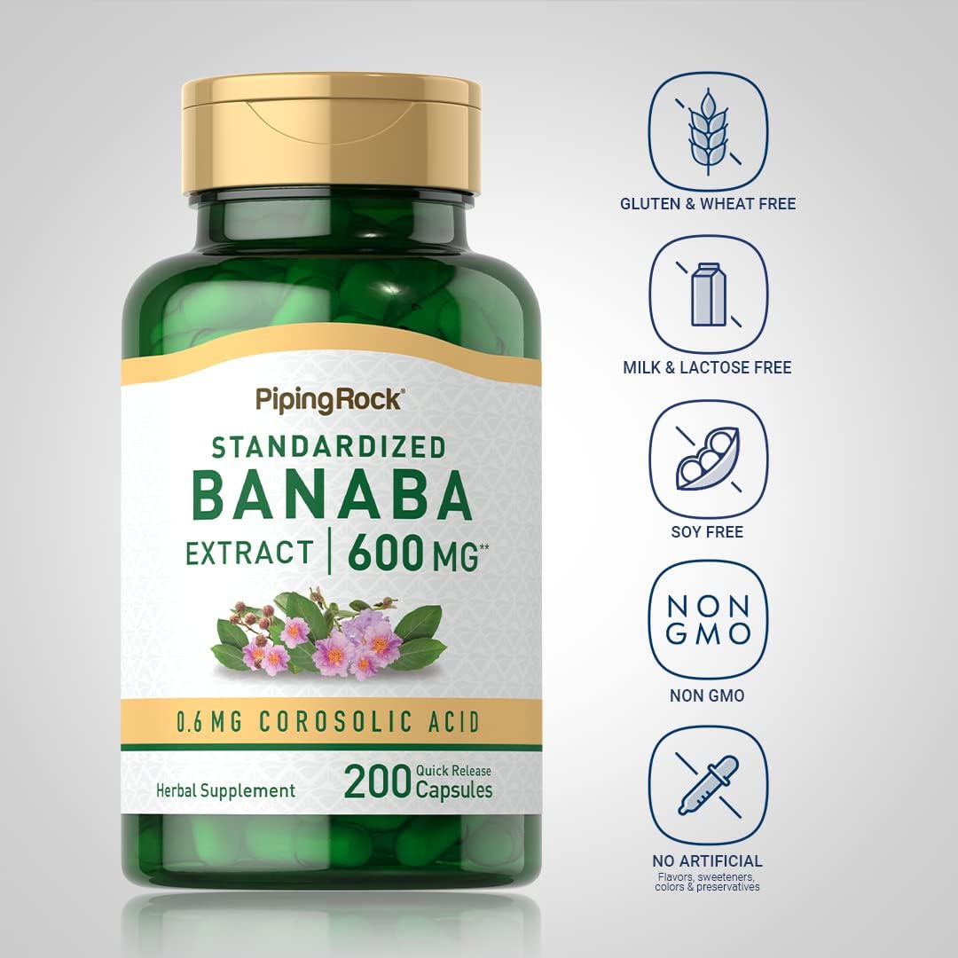 600mg Banaba Leaf Extract Capsules - 200 Pills with Corosolic Acid for Blood Sugar Support - Non-GMO & Gluten Free Herbal Supplement