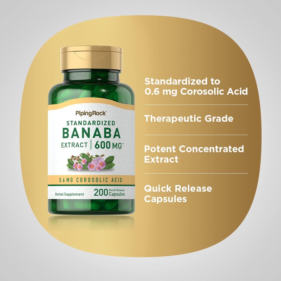600mg Banaba Leaf Extract Capsules - 200 Pills with Corosolic Acid for Blood Sugar Support - Non-GMO & Gluten Free Herbal Supplement