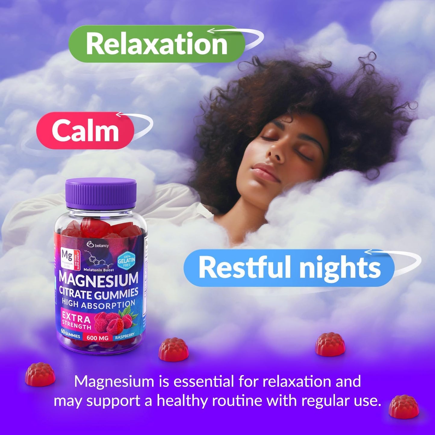 600mg Beilancy Magnesium Citrate Gummies with Blackcurrant for Restful Sleep - 60 Day Supply