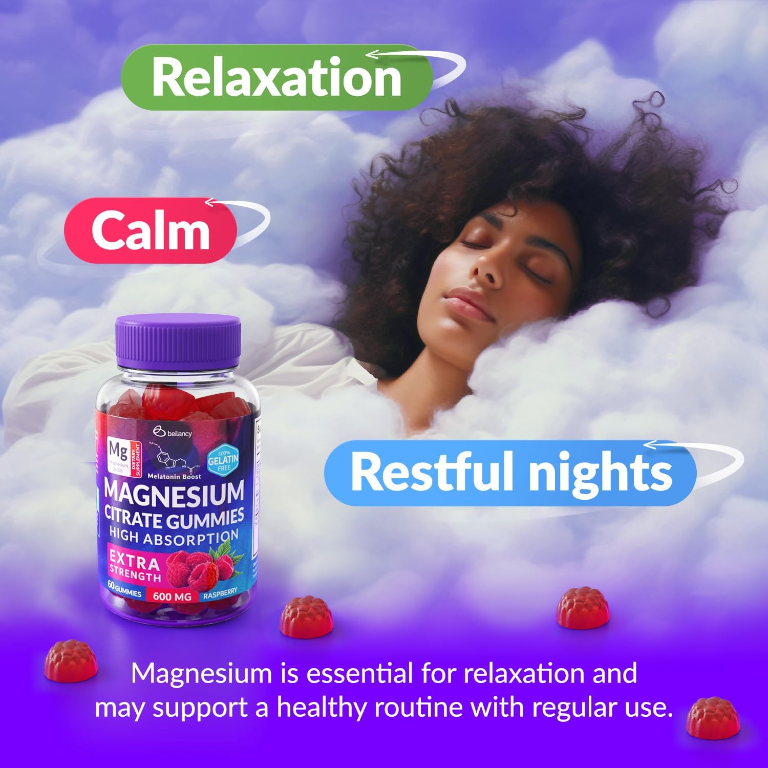 600mg Beilancy Magnesium Citrate Gummies with Blackcurrant for Restful Sleep - 60 Day Supply