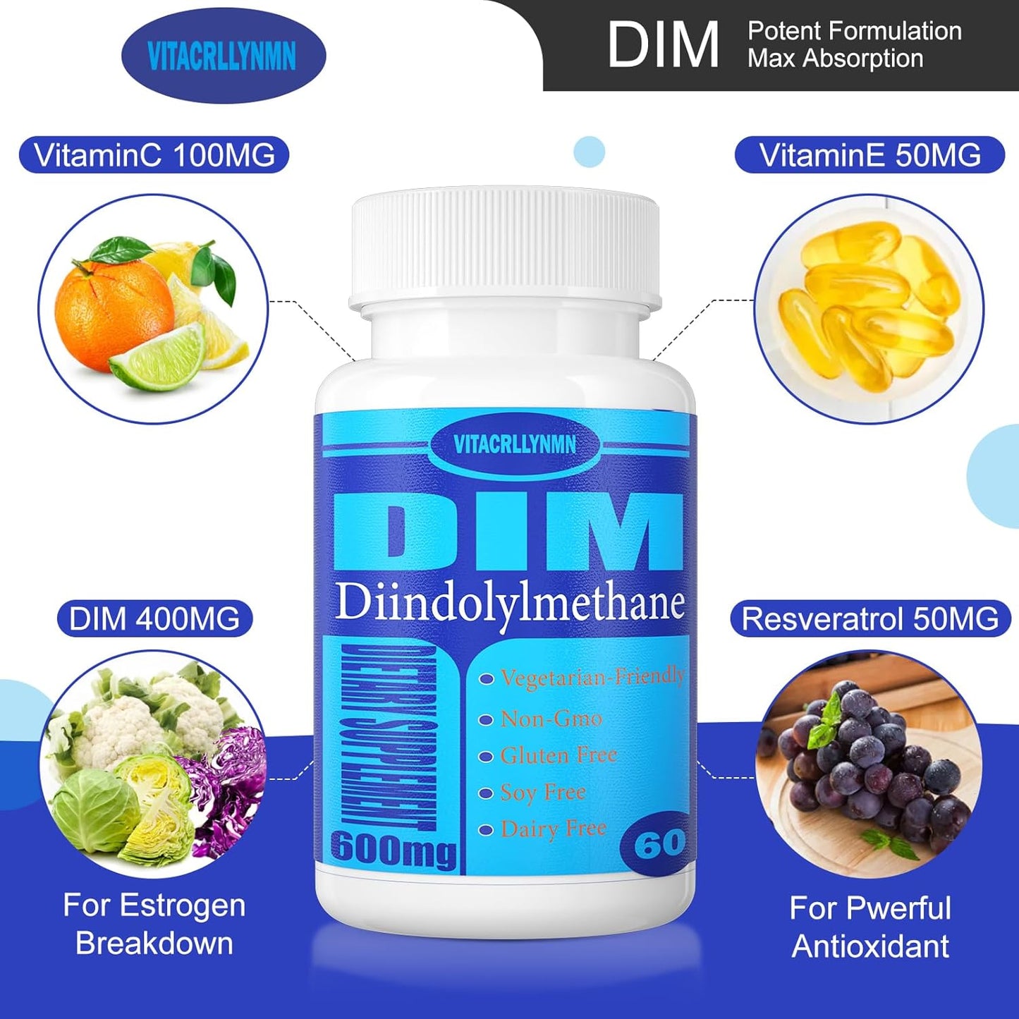 600mg DIM Supplement for Hormone Balance in Men & Women - Estrogen Blocker for Menopause, PCOS, Acne - 60 Capsules