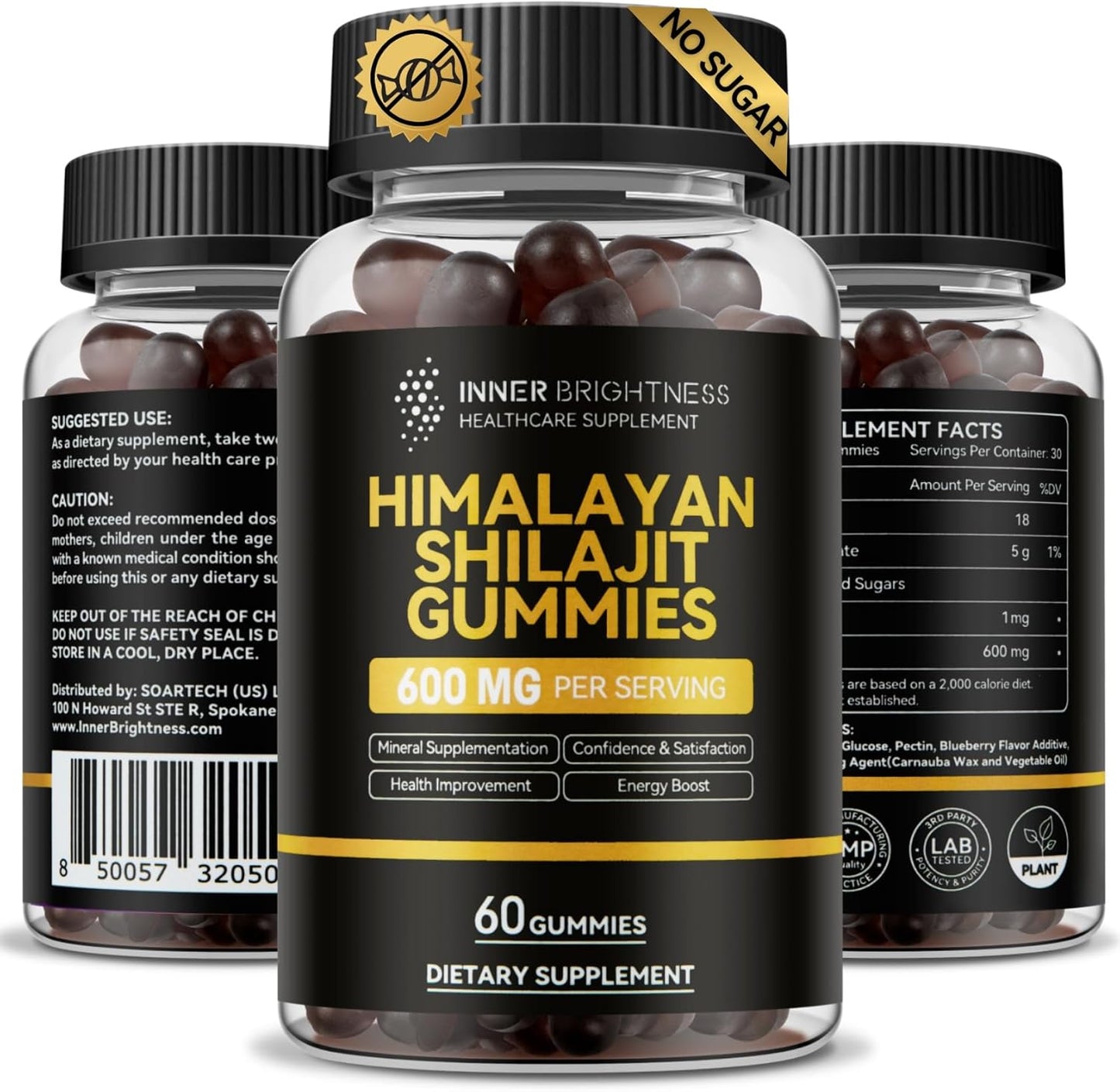 600mg Inner Brightness Shilajit Gummies for Men & Women - Non-GMO, Gluten-Free, Sugar-Free - Boost Energy, Immunity, Stamina - 60 Count