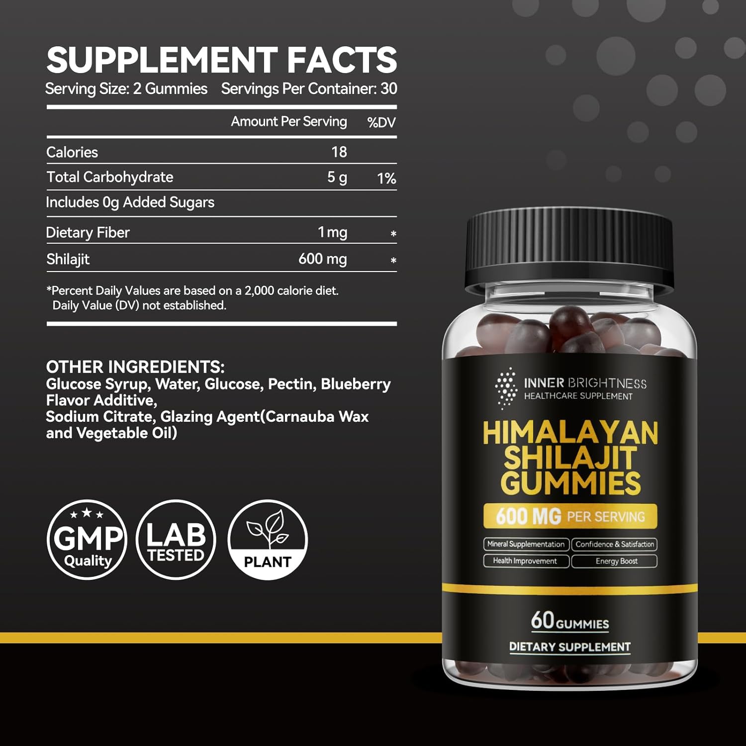 600mg Inner Brightness Shilajit Gummies for Men & Women - Non-GMO, Gluten-Free, Sugar-Free - Boost Energy, Immunity, Stamina - 60 Count