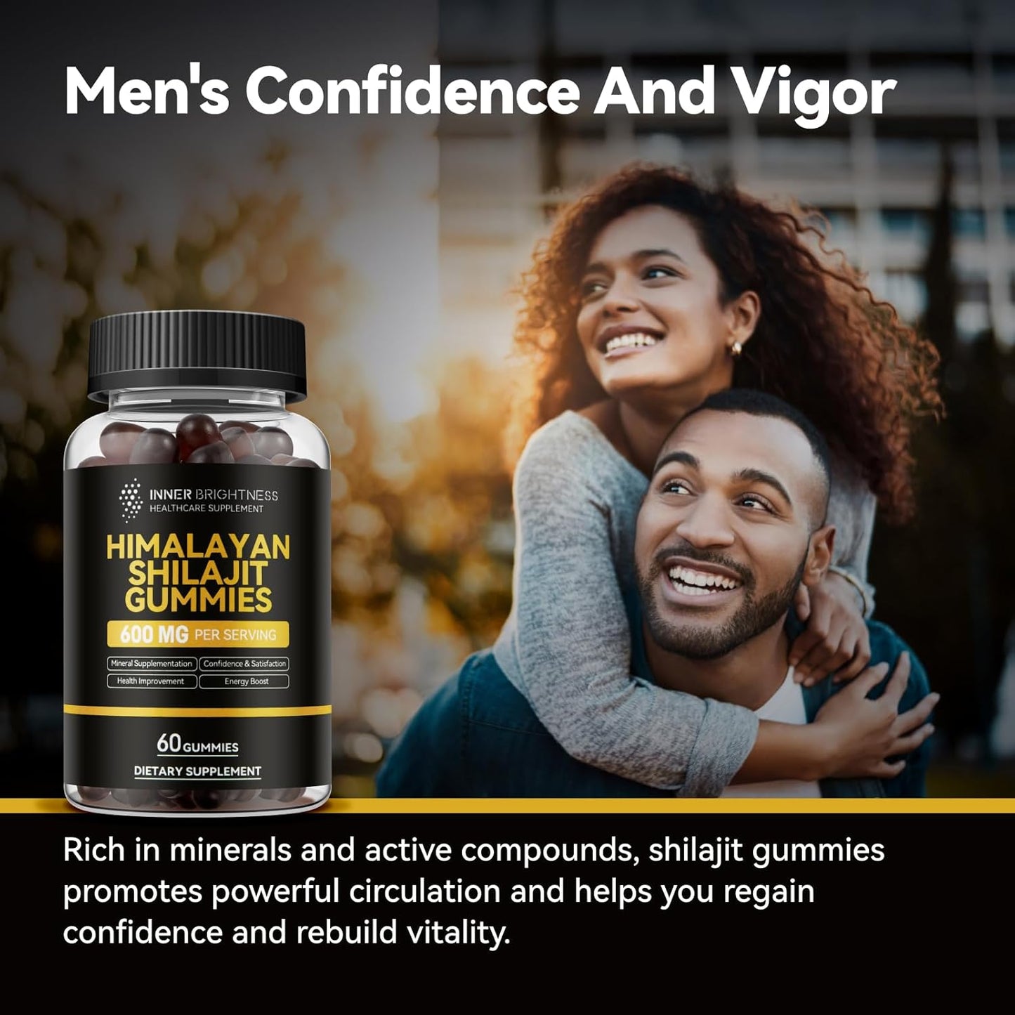 600mg Inner Brightness Shilajit Gummies for Men & Women - Non-GMO, Gluten-Free, Sugar-Free - Boost Energy, Immunity, Stamina - 60 Count