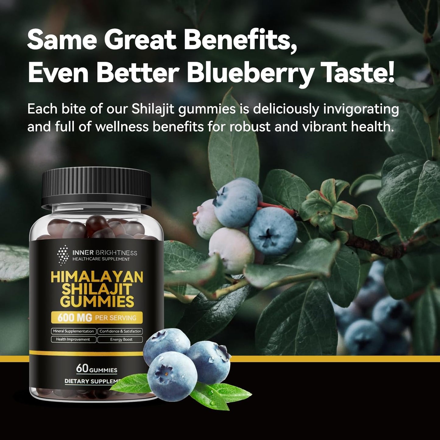 600mg Inner Brightness Shilajit Gummies for Men & Women - Non-GMO, Gluten-Free, Sugar-Free - Boost Energy, Immunity, Stamina - 60 Count