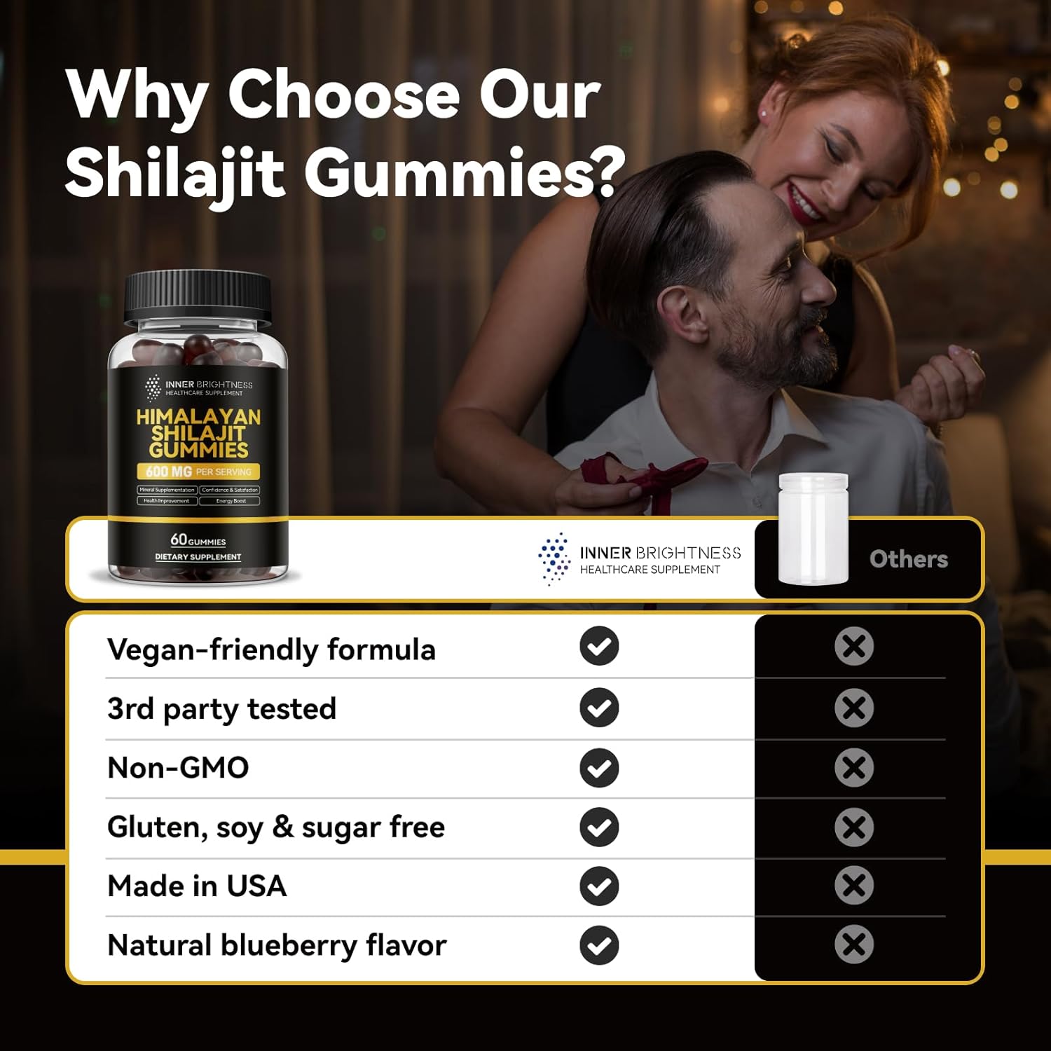 600mg Inner Brightness Shilajit Gummies for Men & Women - Non-GMO, Gluten-Free, Sugar-Free - Boost Energy, Immunity, Stamina - 60 Count