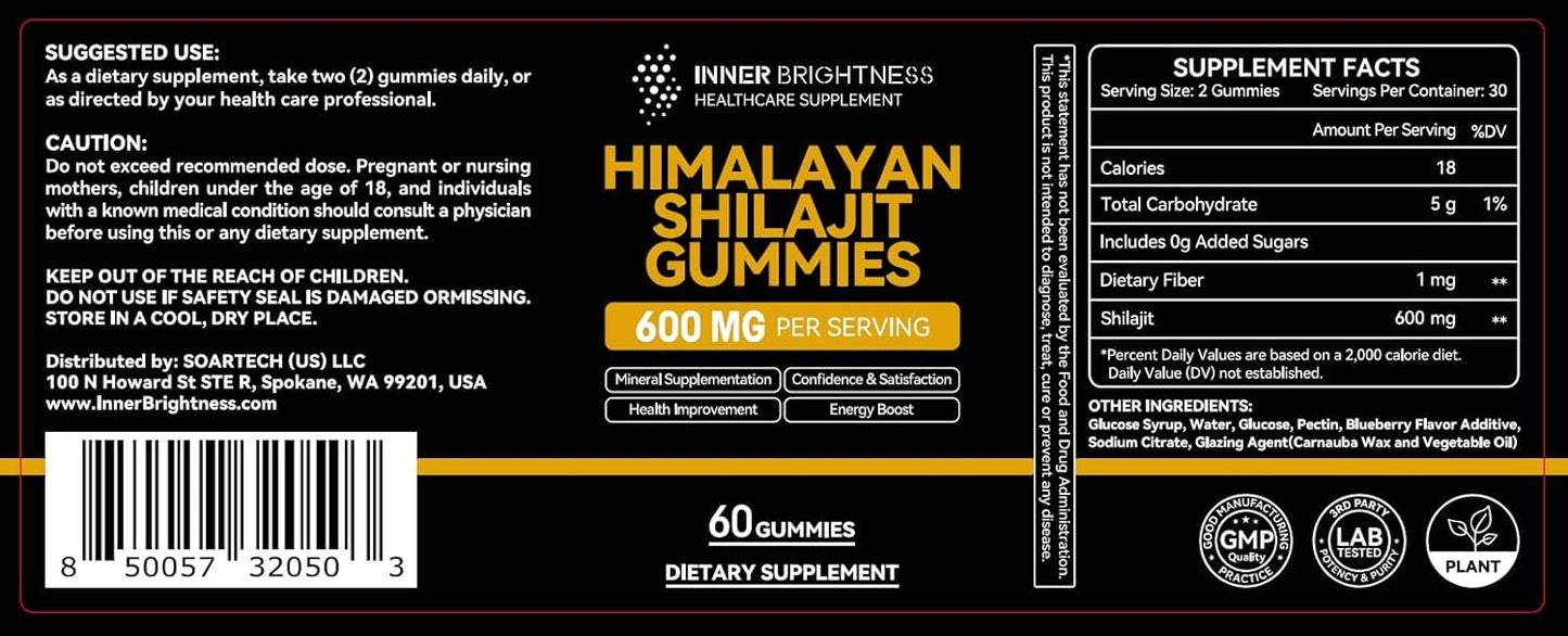 600mg Inner Brightness Shilajit Gummies for Men & Women - Non-GMO, Gluten-Free, Sugar-Free - Boost Energy, Immunity, Stamina - 60 Count