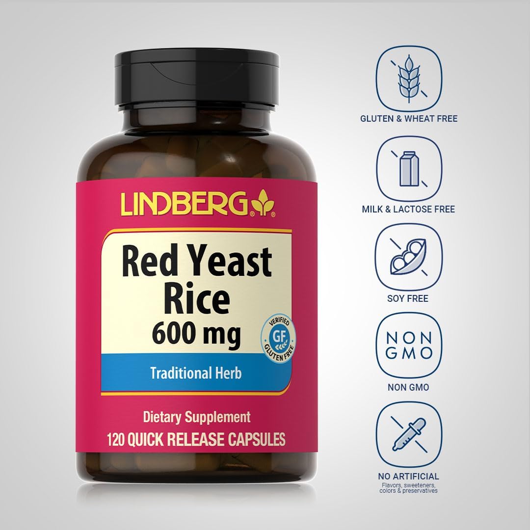 600mg Lindberg Red Yeast Rice Capsules - 120 Count | Non-GMO & Gluten Free Traditional Herb Supplement