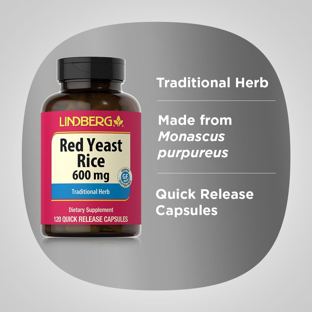 600mg Lindberg Red Yeast Rice Capsules - 120 Count | Non-GMO & Gluten Free Traditional Herb Supplement