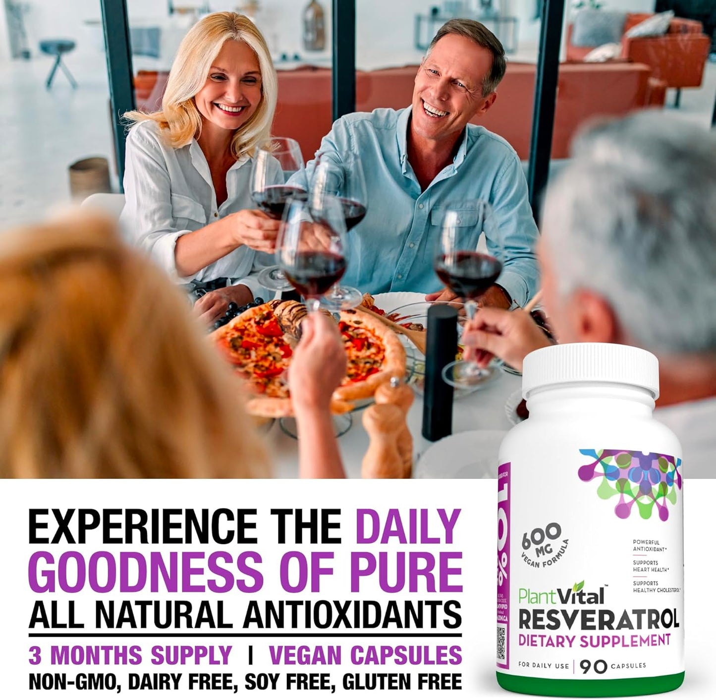 600mg Plantvital Resveratrol Capsules - 90 Vegan Trans Resveratrol Supplement - High Purity Antioxidant - Non-GMO, Gluten-Free