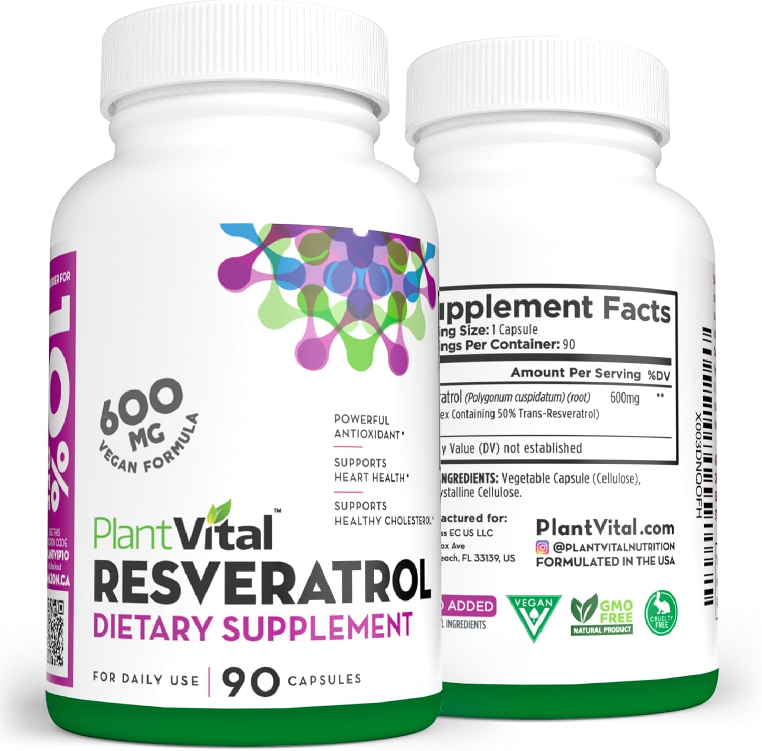 600mg Plantvital Resveratrol Capsules - 90 Vegan Trans Resveratrol Supplement - High Purity Antioxidant - Non-GMO, Gluten-Free
