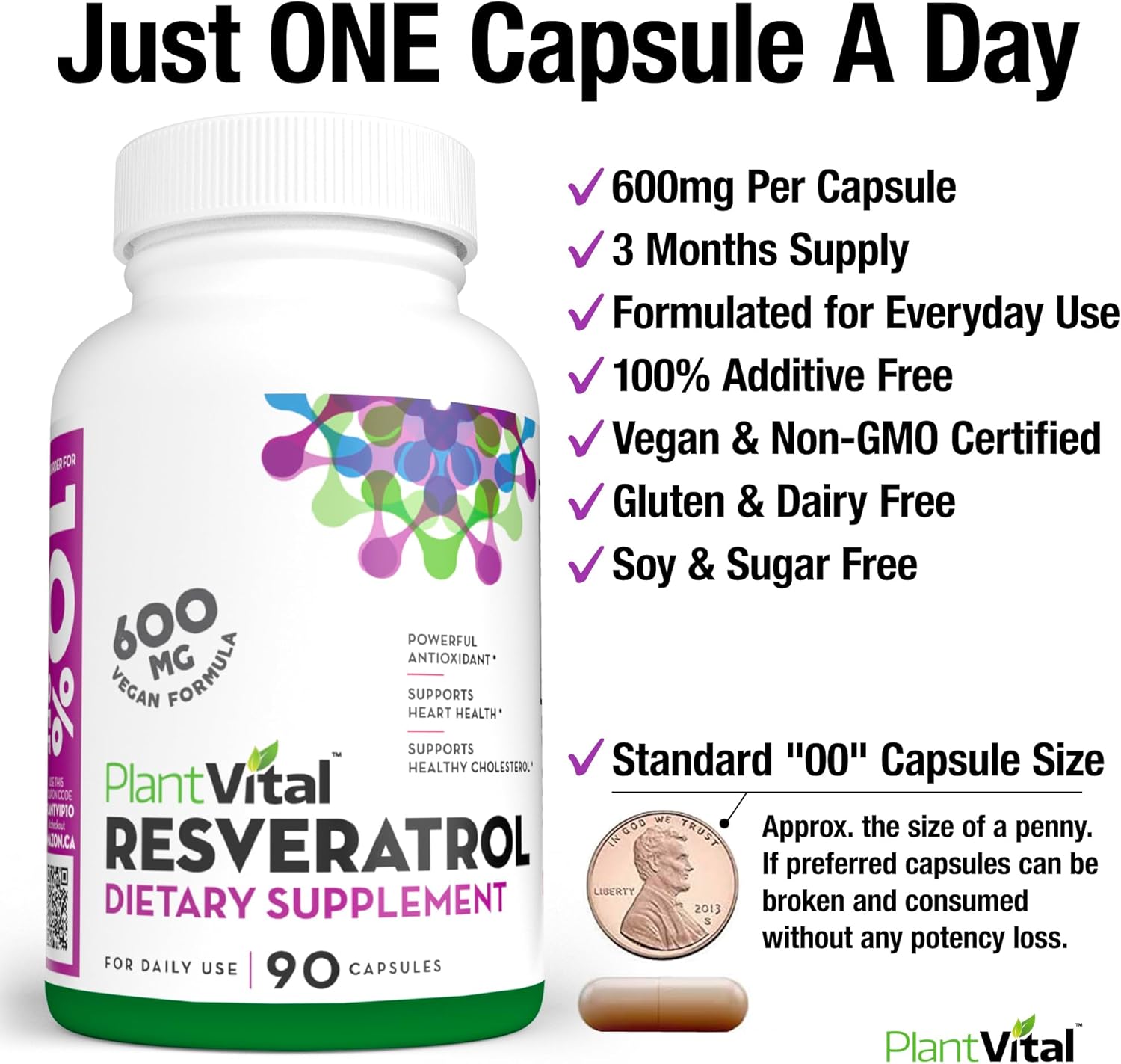 600mg Plantvital Resveratrol Capsules - 90 Vegan Trans Resveratrol Supplement - High Purity Antioxidant - Non-GMO, Gluten-Free