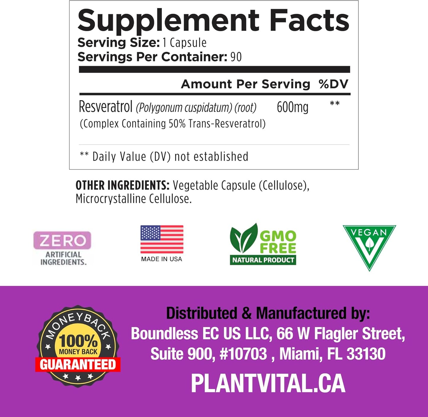 600mg Plantvital Resveratrol Capsules - 90 Vegan Trans Resveratrol Supplement - High Purity Antioxidant - Non-GMO, Gluten-Free