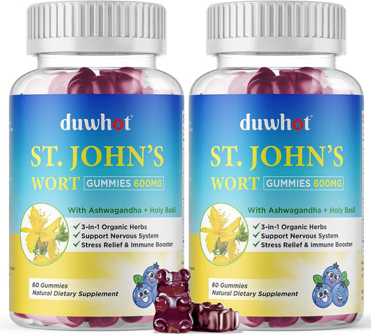 600mg St John's Wort Gummies with Ashwagandha & Holy Basil - Stress Relief & Nervous System Support - Organic Herbal Supplements for Adults & Kids - Non-GMO, Vegan - 120 ct.
