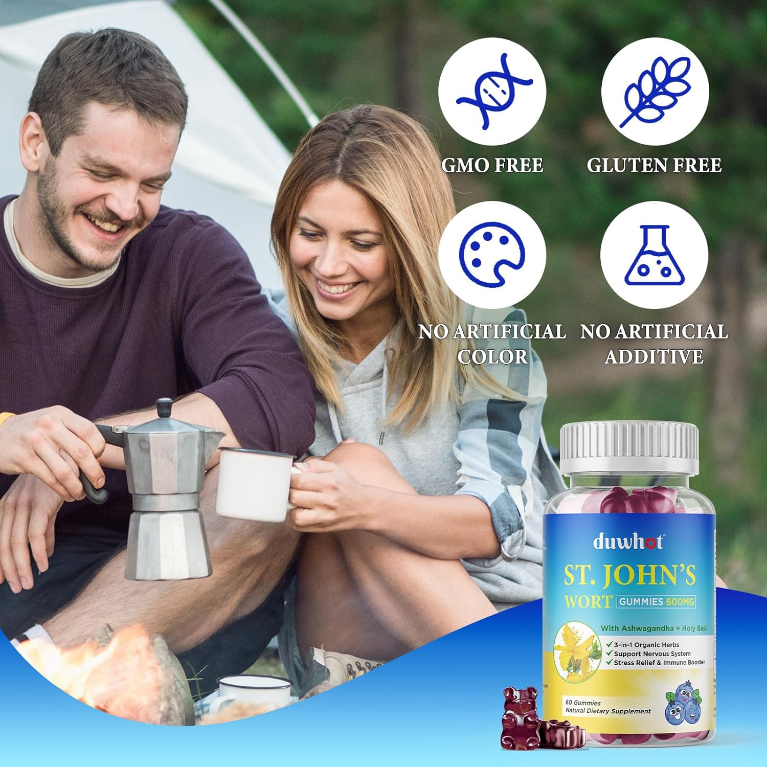 600mg St John's Wort Gummies with Ashwagandha & Holy Basil - Stress Relief & Nervous System Support - Organic Herbal Supplements for Adults & Kids - Non-GMO, Vegan - 120 ct.