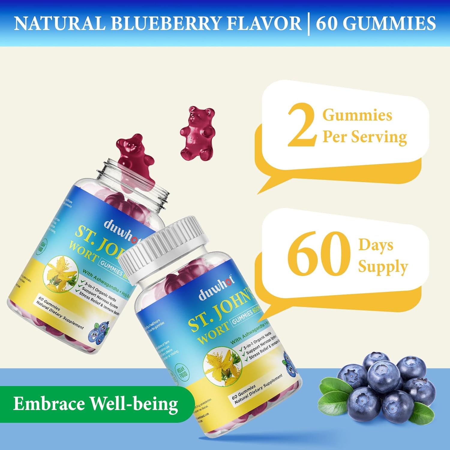 600mg St John's Wort Gummies with Ashwagandha & Holy Basil - Stress Relief & Nervous System Support - Organic Herbal Supplements for Adults & Kids - Non-GMO, Vegan - 120 ct.