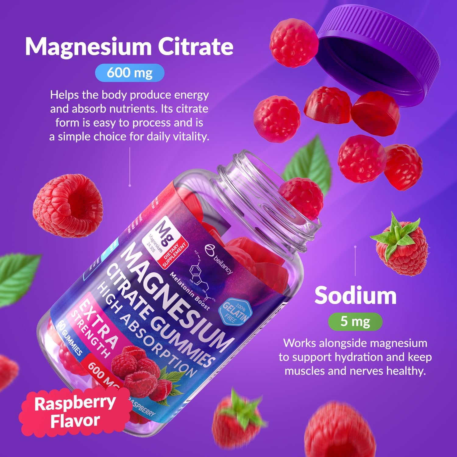 60ct Beilancy Magnesium Citrate Gummies with Blackcurrant and Raspberry Flavor for Relaxation - BoostGo Australia