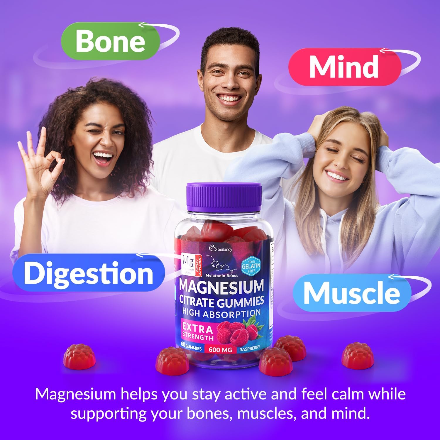 60ct Beilancy Magnesium Citrate Gummies with Blackcurrant and Raspberry Flavor for Relaxation - BoostGo Australia
