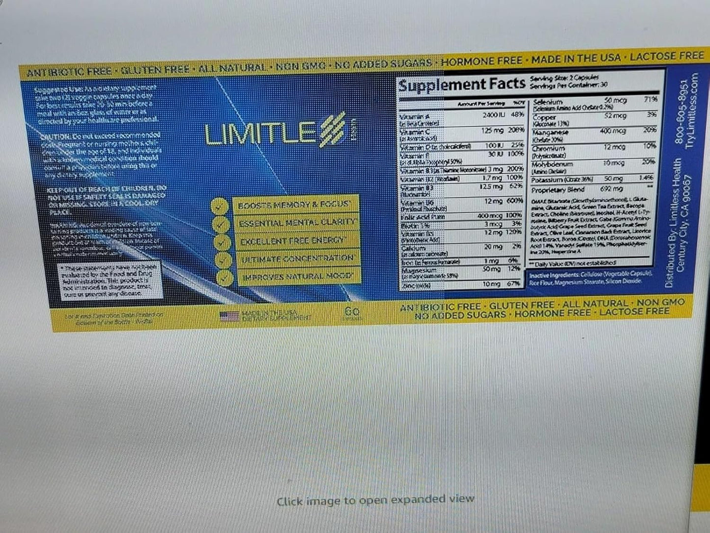 60ct Limitle Nootropic Capsules for Memory, Focus, and Clarity Support with DMAE and Bacopa - Cognitive Nutrition Supplement