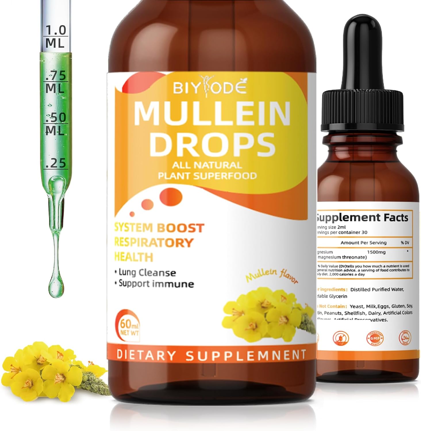 60ml BIYODE Mullein Drops: Natural Leaf Extract for Respiratory Health & Lung Cleanse - Vegan & Non-GMO - 30-Day Supply