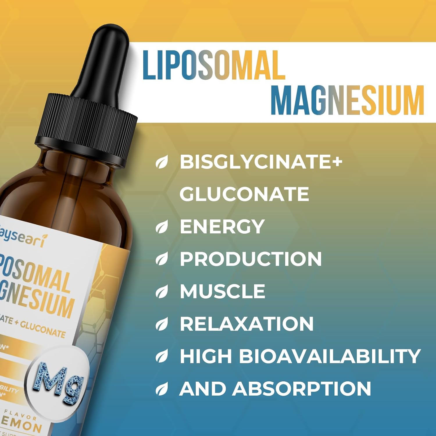 60ML High Strength Liposomal Magnesium Drops, Chelated Magnesium Bisglycinate & Gluconate, Lemon Flavored Liquid - Sleep, Stress, Mood, Gut Support