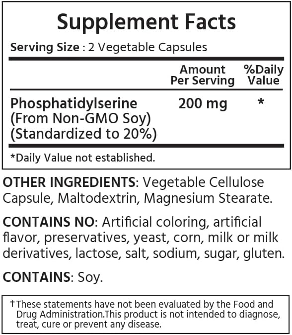 Natural Memory Support Supplement - Phosphatidyl Serine 200 mg 240 Capsules, Brain Function & Cognitive Health, Non-GMO