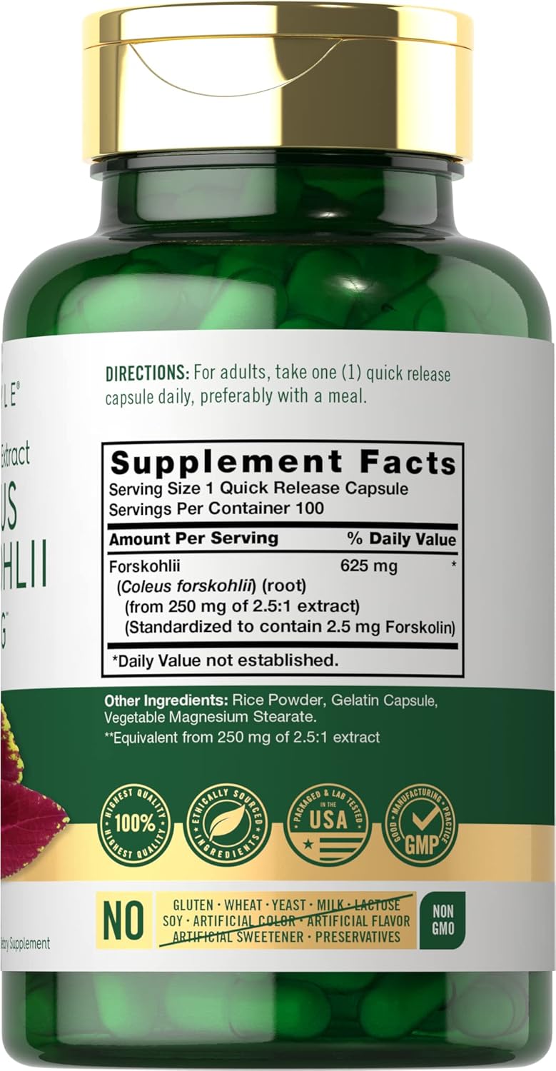 625mg Carlyle Coleus Forskohlii Capsules - 100 Count | Non-GMO & Gluten Free Forskolin Supplement