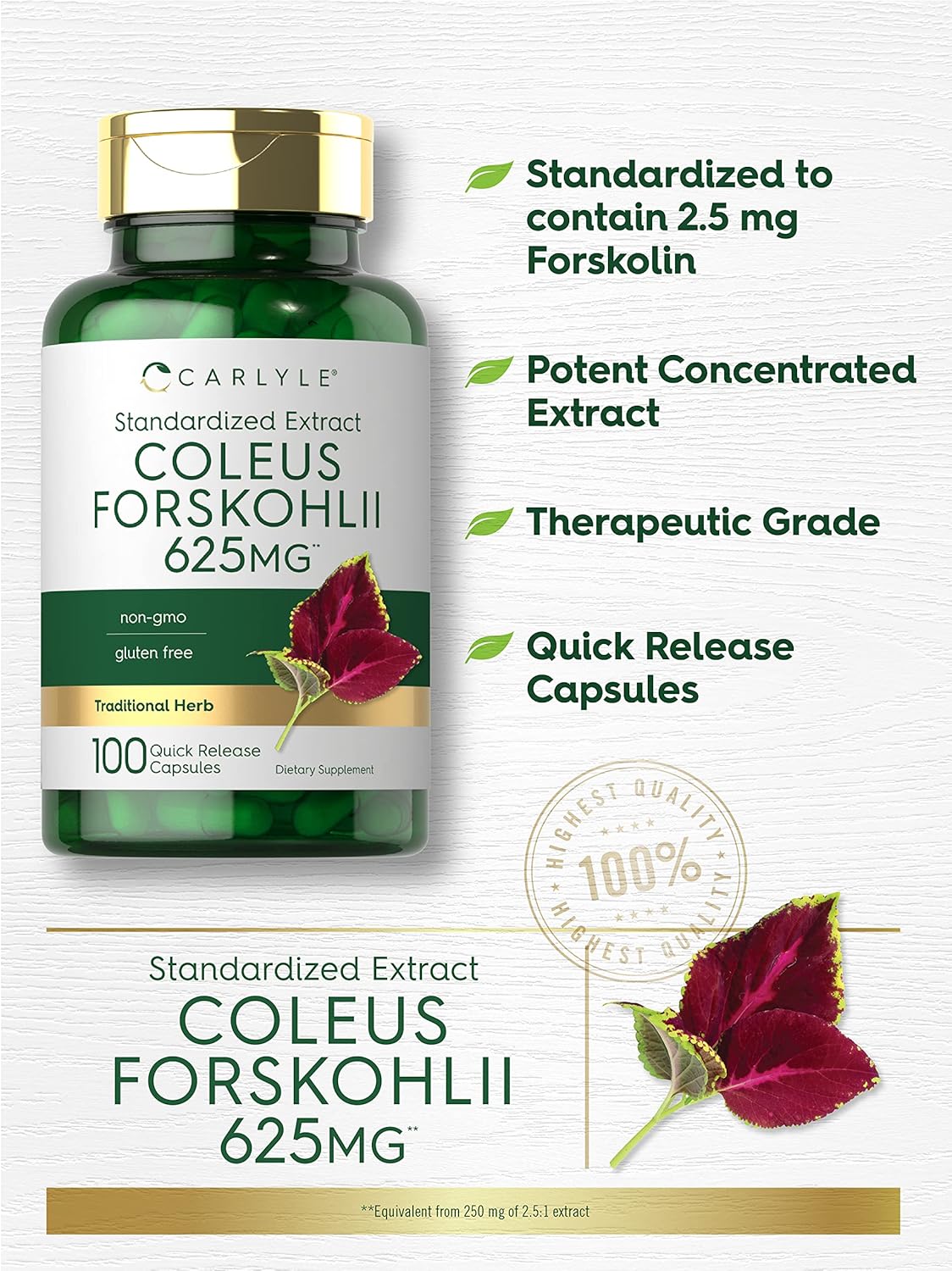 625mg Carlyle Coleus Forskohlii Capsules - 100 Count | Non-GMO & Gluten Free Forskolin Supplement