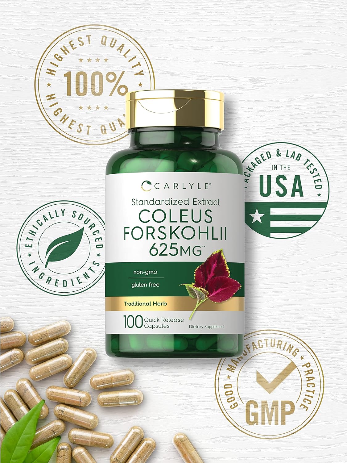 625mg Carlyle Coleus Forskohlii Capsules - 100 Count | Non-GMO & Gluten Free Forskolin Supplement