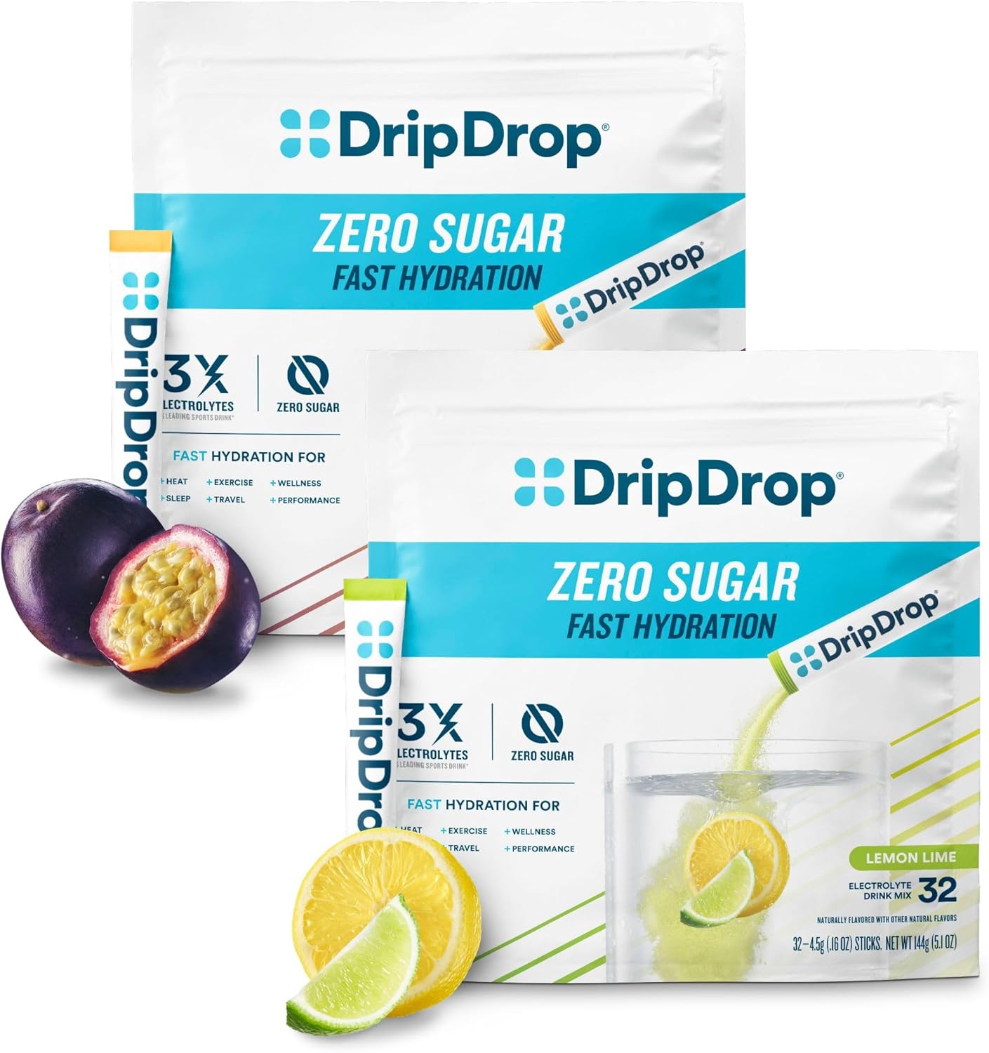 64 Count DripDrop Hydration Electrolyte Powder Packets - Lemon Lime & Passion Fruit Zero Sugar Bundle