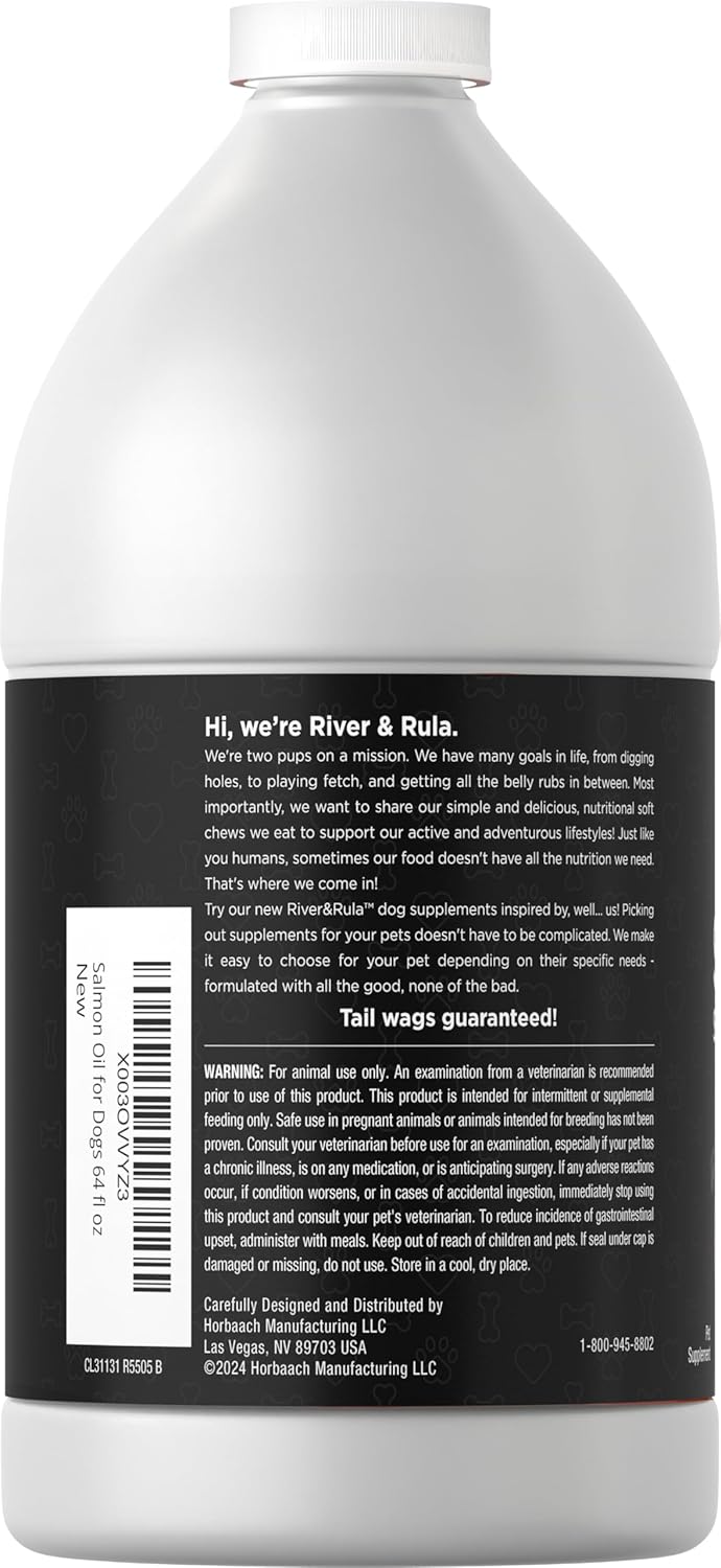 64 fl oz Horbäach Salmon Oil for Dogs with Pump - Omega 3 EPA & DHA Supplement for Healthy Skin & Coat - Non-GMO, Gluten Free - Bulk Size