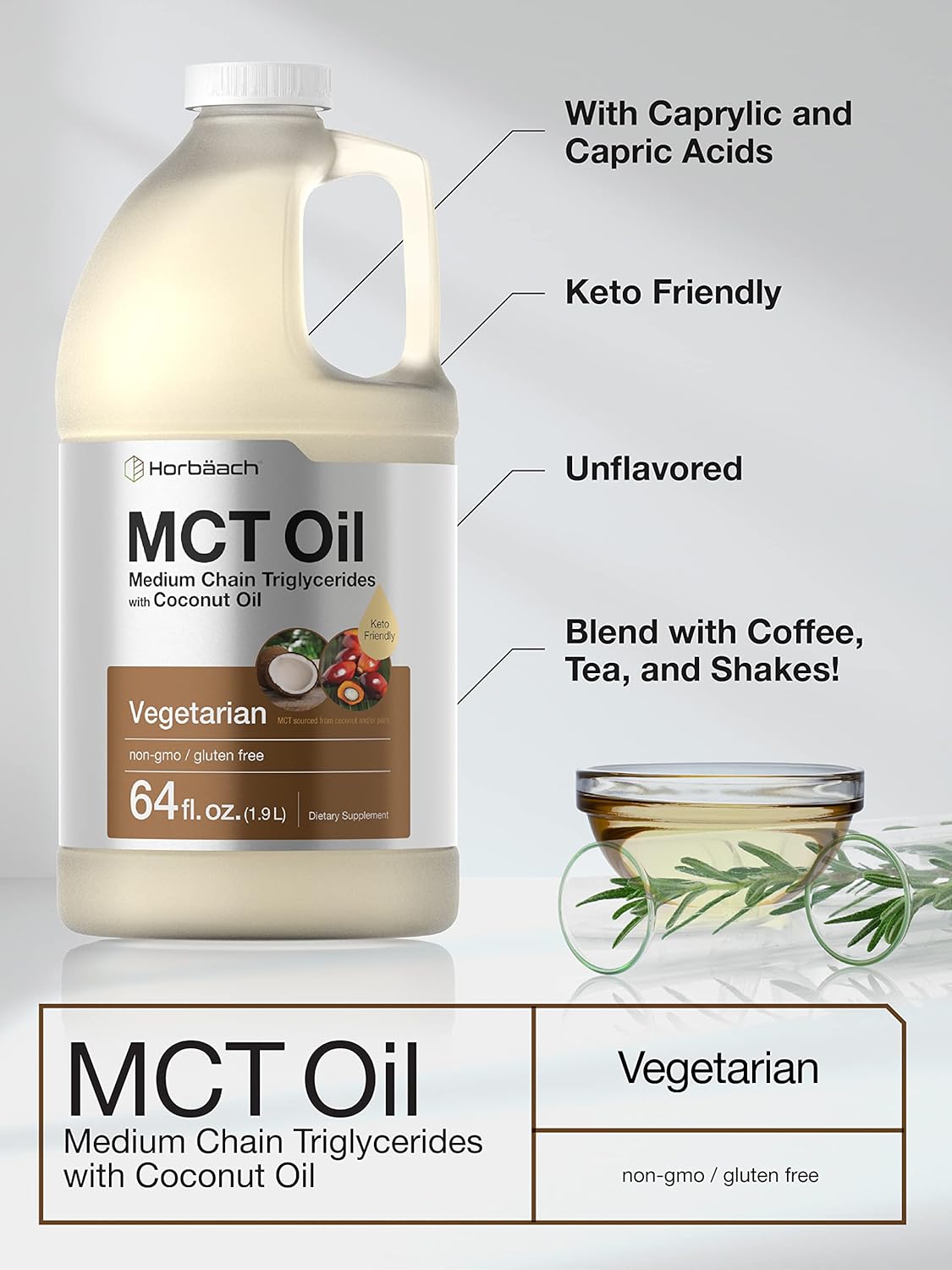 64 oz Horbäach MCT Oil - 100% Pure, Unflavored Formula - Ideal for Keto, Vegetarian, Non-GMO, Gluten Free - Mixes with Coffee, Tea, Juice