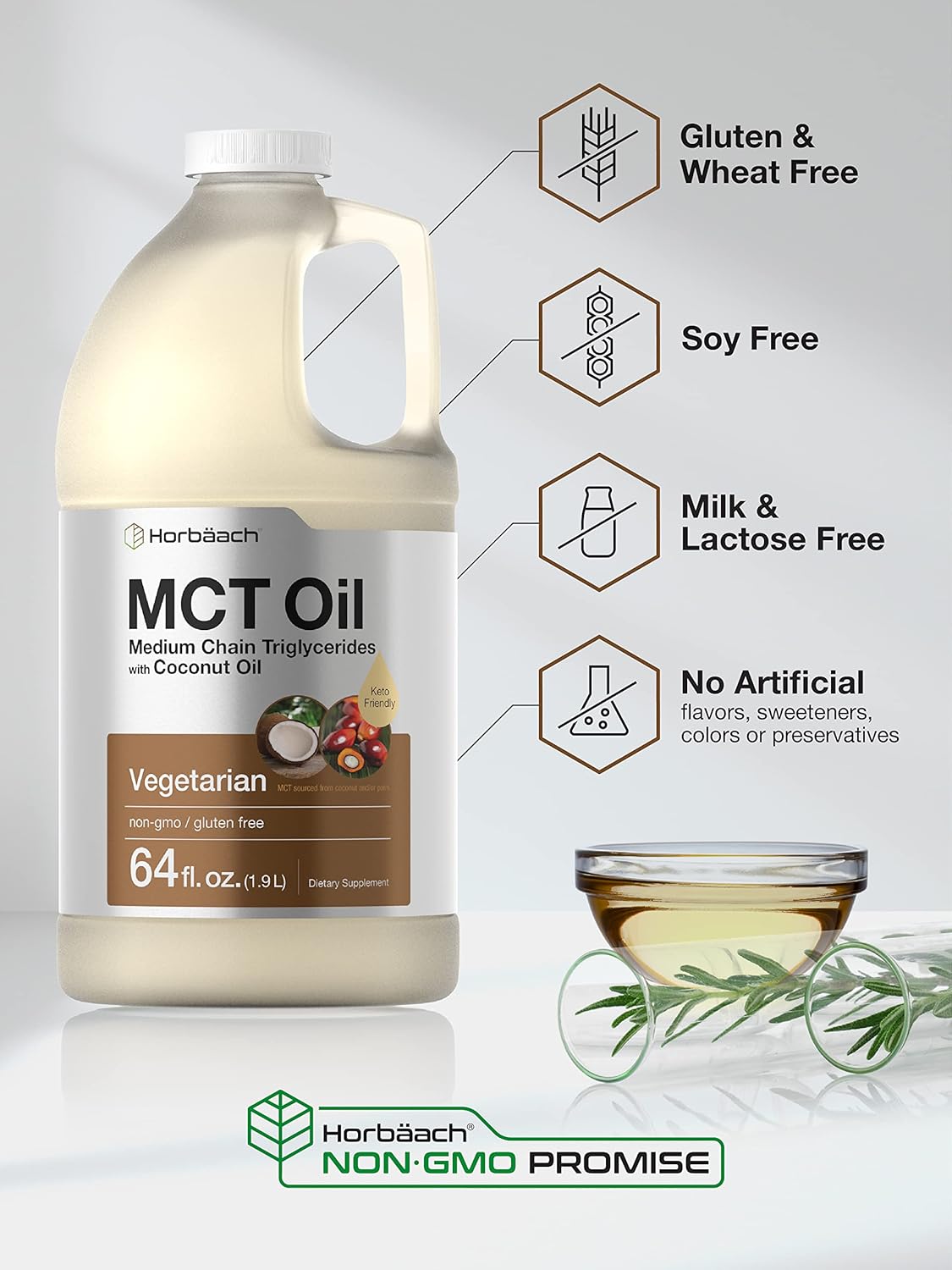 64 oz Horbäach MCT Oil - 100% Pure, Unflavored Formula - Ideal for Keto, Vegetarian, Non-GMO, Gluten Free - Mixes with Coffee, Tea, Juice