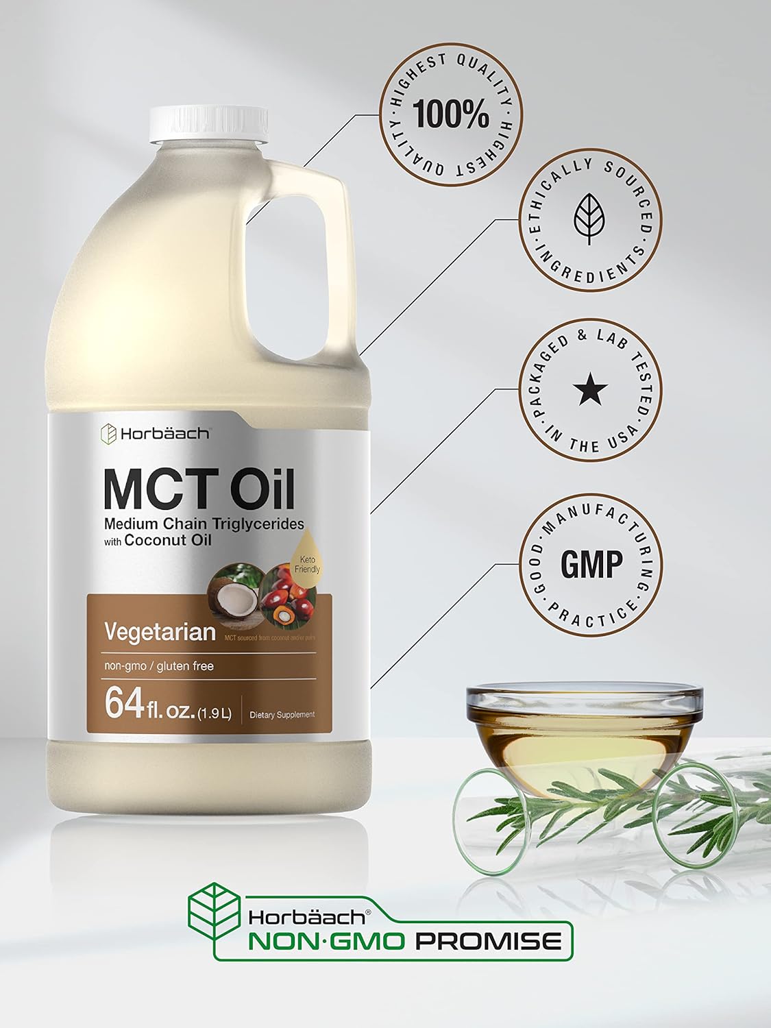 64 oz Horbäach MCT Oil - 100% Pure, Unflavored Formula - Ideal for Keto, Vegetarian, Non-GMO, Gluten Free - Mixes with Coffee, Tea, Juice