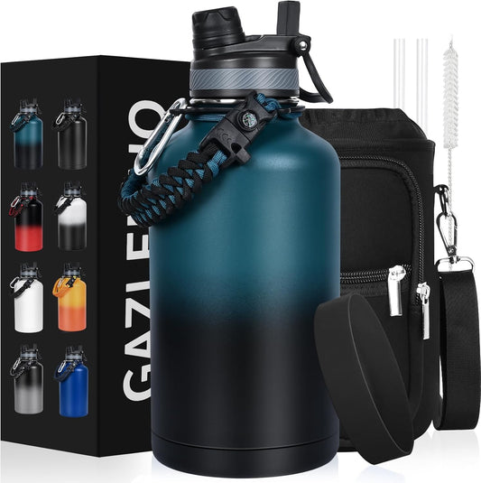64 oz Insulated Water Bottle - Half Gallon Jug Keeps Water Cold for 48 Hours - BPA Free Stainless Steel with Straw/Chug Lid - Includes Bag, Paracord Handle, Silicone Boot - Great for Sports, Gym, School