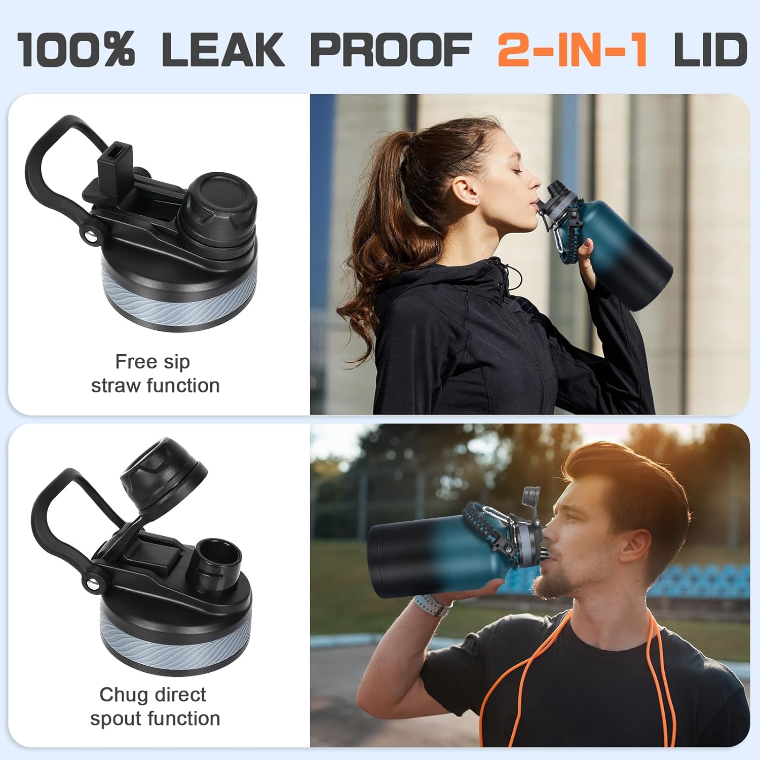 64 oz Insulated Water Bottle - Half Gallon Jug Keeps Water Cold for 48 Hours - BPA Free Stainless Steel with Straw/Chug Lid - Includes Bag, Paracord Handle, Silicone Boot - Great for Sports, Gym, School