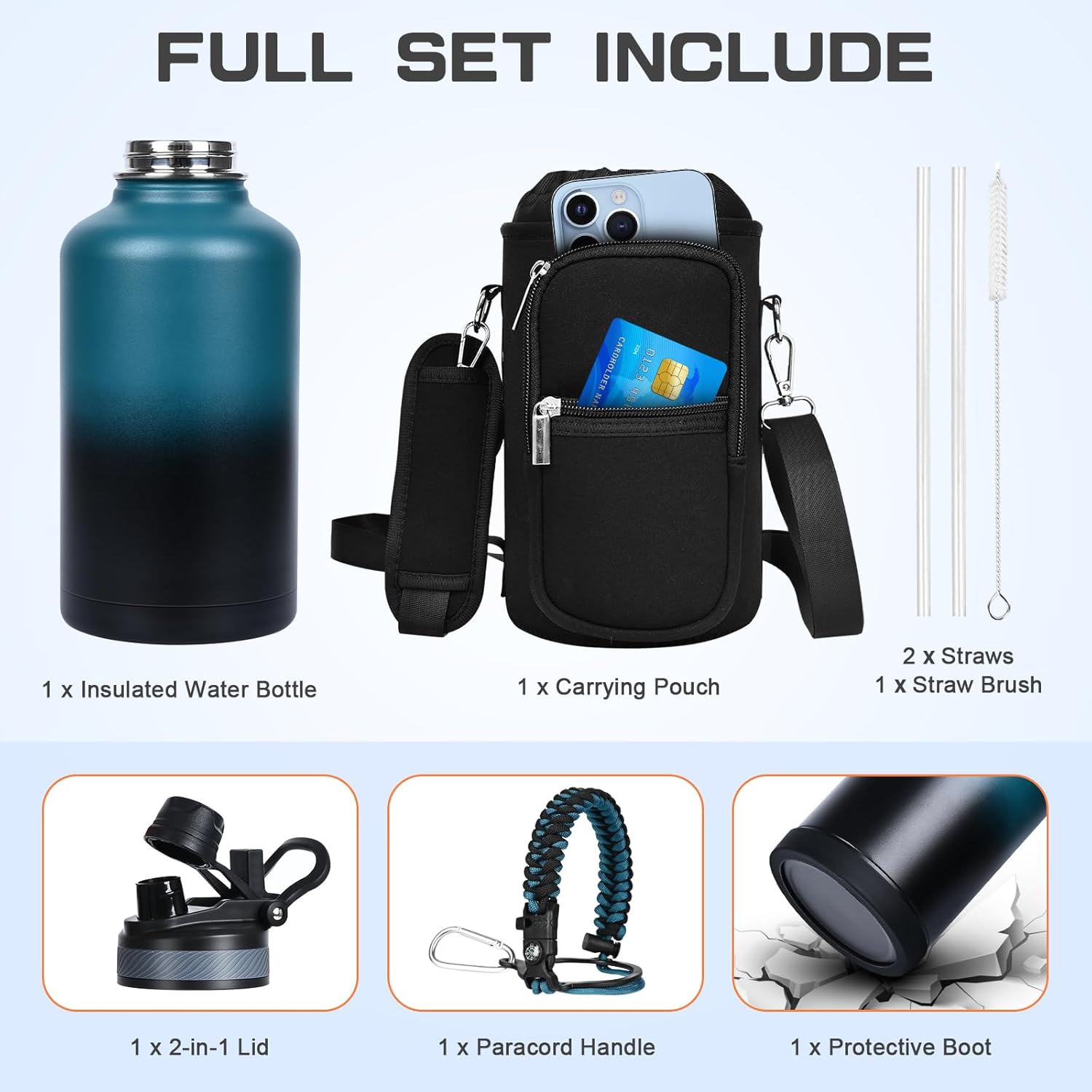 64 oz Insulated Water Bottle - Half Gallon Jug Keeps Water Cold for 48 Hours - BPA Free Stainless Steel with Straw/Chug Lid - Includes Bag, Paracord Handle, Silicone Boot - Great for Sports, Gym, School
