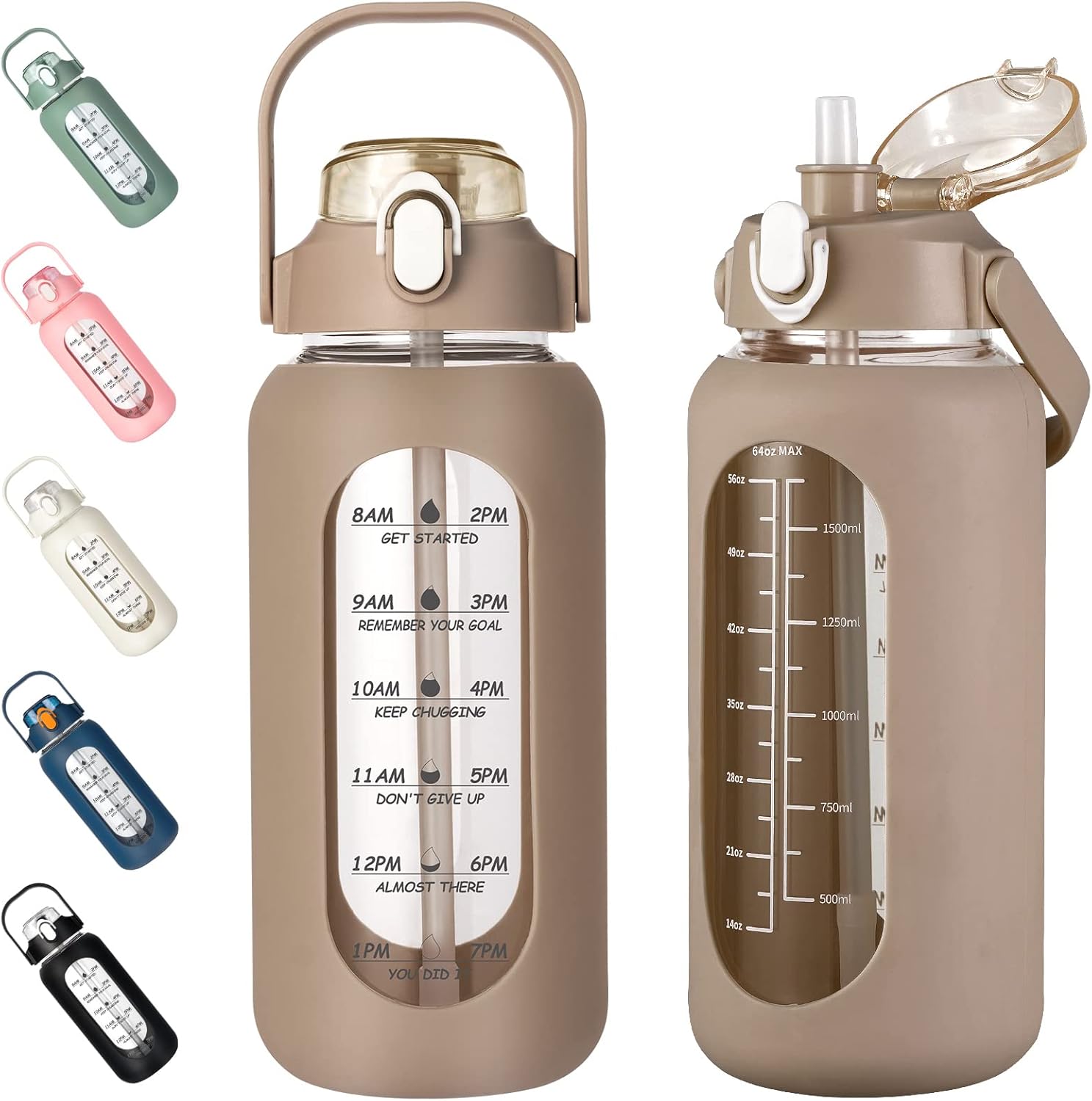 64oz Glass Water Bottle with Straw, Half Gallon Motivational Bottle, Silicone Sleeve, Time Marker, 2L Leakproof Glass Jug, Amber Color, for Gym Home Office