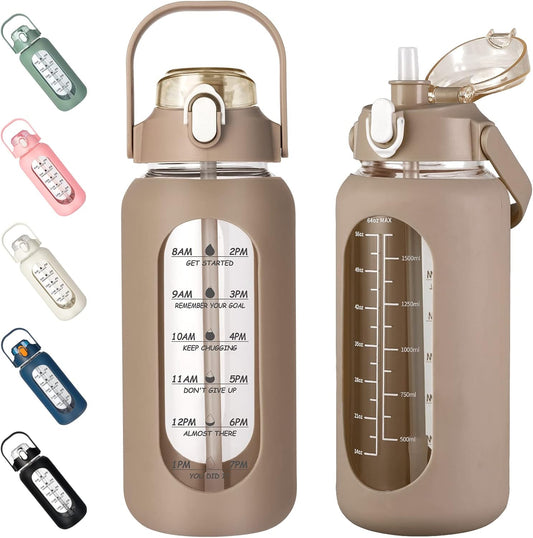 64oz Glass Water Bottle with Straw, Half Gallon Motivational Bottle, Silicone Sleeve, Time Marker, 2L Leakproof Glass Jug, Amber Color, for Gym Home Office