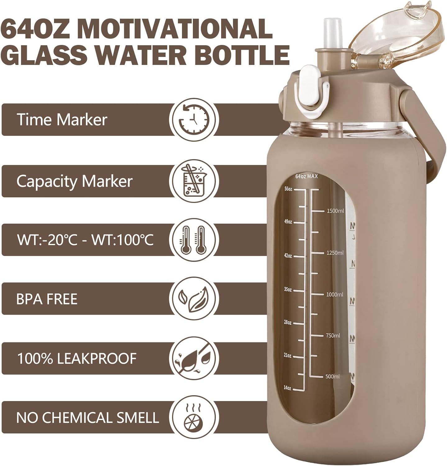 64oz Glass Water Bottle with Straw, Half Gallon Motivational Bottle, Silicone Sleeve, Time Marker, 2L Leakproof Glass Jug, Amber Color, for Gym Home Office