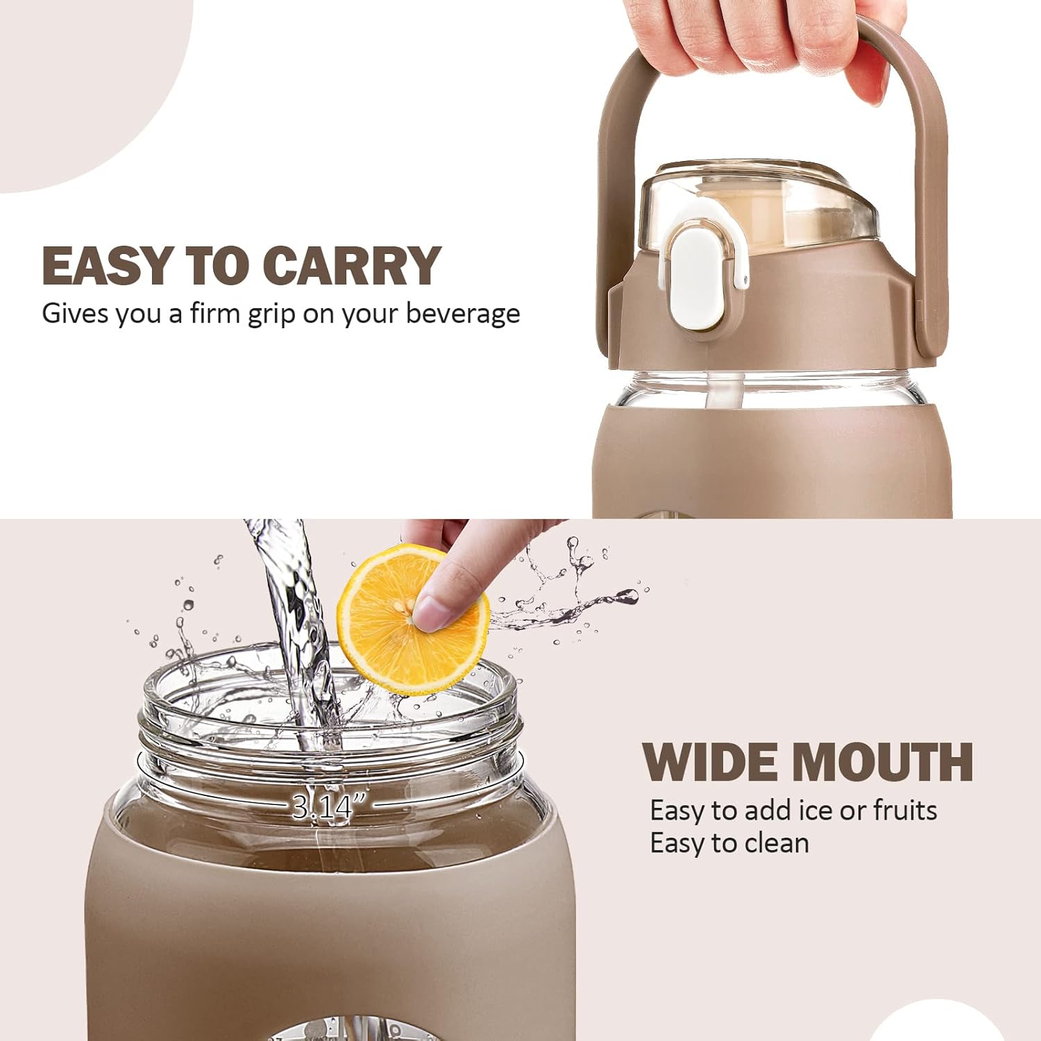 64oz Glass Water Bottle with Straw, Half Gallon Motivational Bottle, Silicone Sleeve, Time Marker, 2L Leakproof Glass Jug, Amber Color, for Gym Home Office