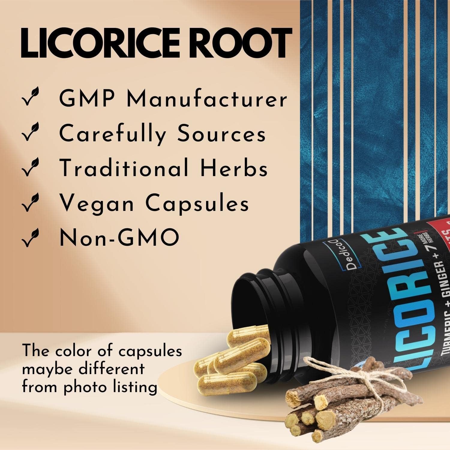 6800mg Licorice Root Capsules - Supports Skin, Digestion & Immune Health - With Turmeric, Ginger, & Peppermint - Non-GMO - 120 Capsules