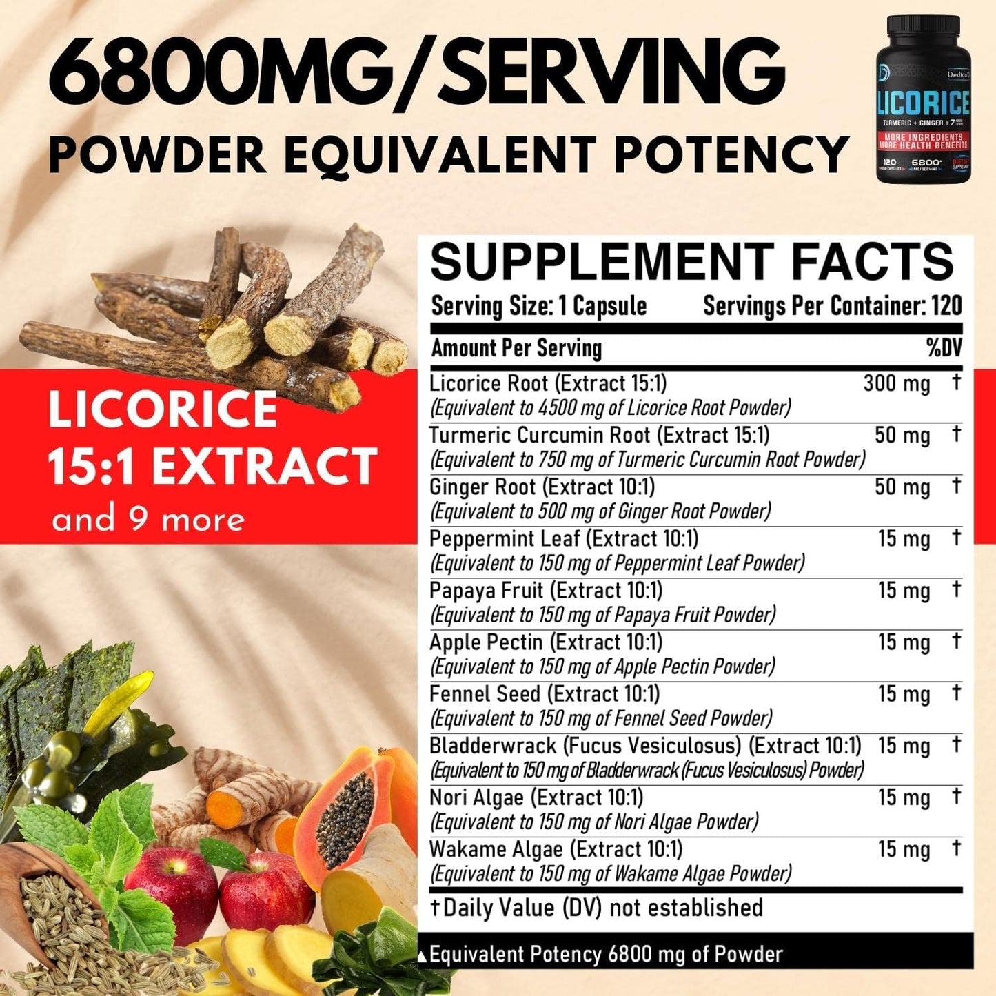 6800mg Licorice Root Capsules - Supports Skin, Digestion & Immune Health - With Turmeric, Ginger, & Peppermint - Non-GMO - 120 Capsules