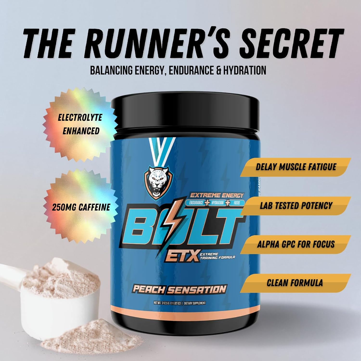 6AM Run Bolt Pre Workout Powder - Energy Boost for Runners - Cardio & Focus Support - No Jitters - High Energy Formula - Peach Flavor - 25 Servings