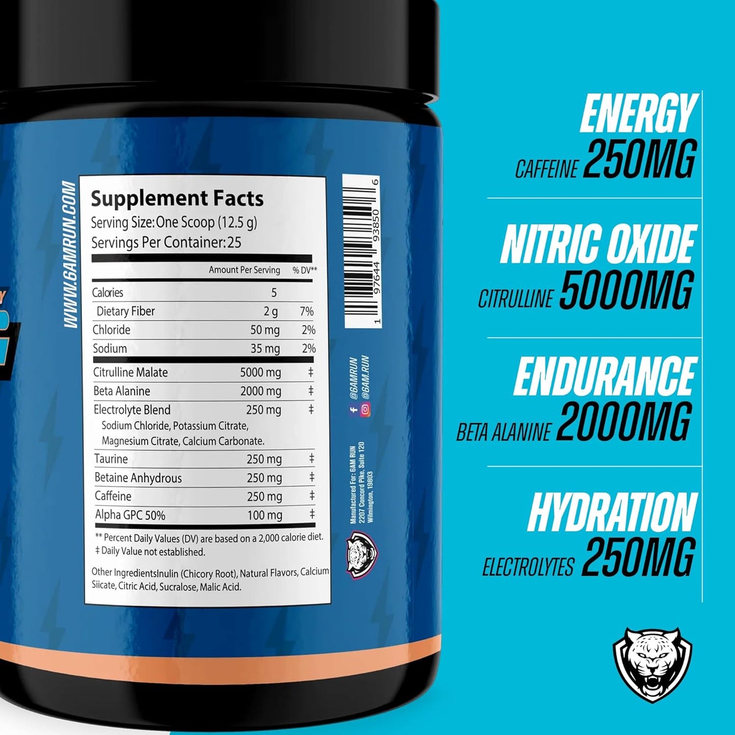 6AM Run Bolt Pre Workout Powder - Energy Boost for Runners - Cardio & Focus Support - No Jitters - High Energy Formula - Peach Flavor - 25 Servings