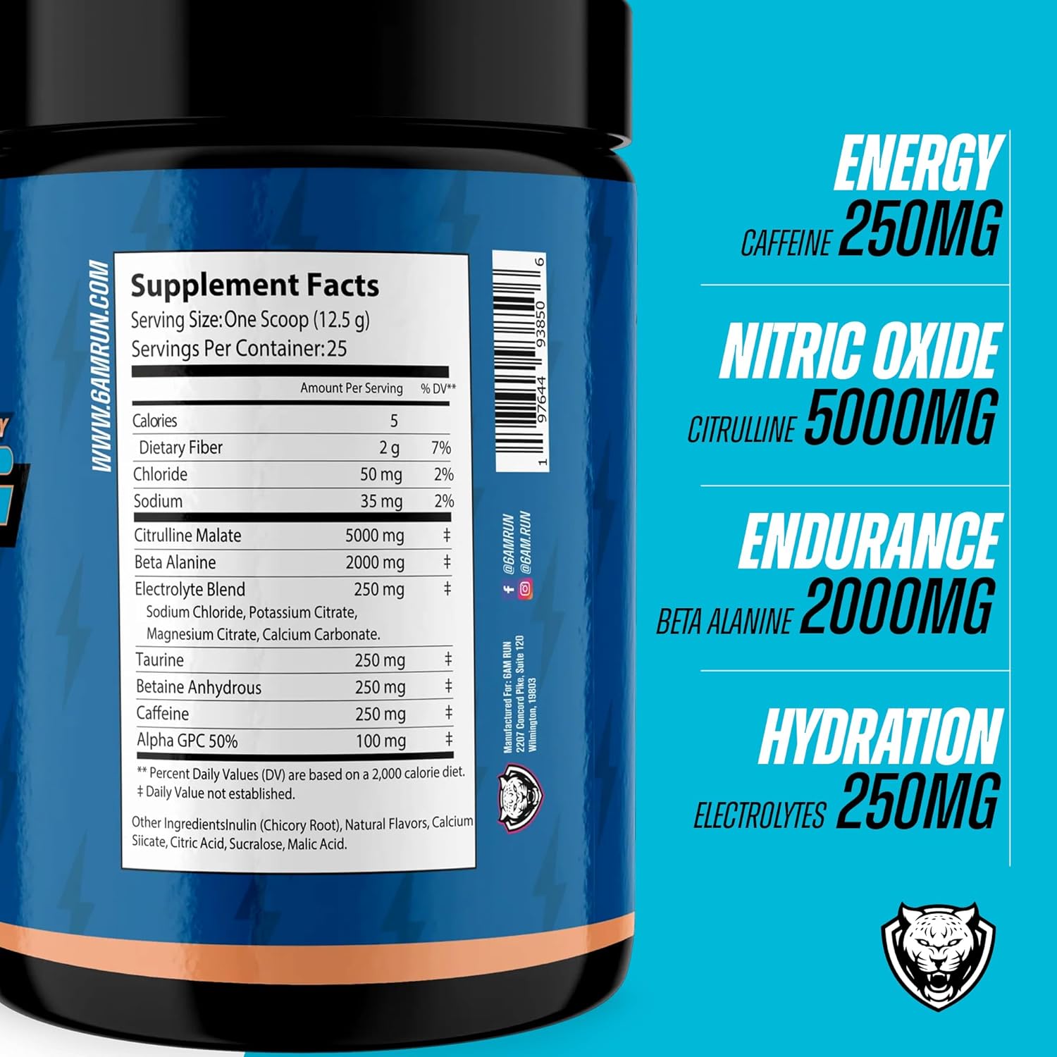 6AM Run Bolt Pre Workout Powder - Energy Boost for Runners - Cardio & Focus Support - No Jitters - High Energy Formula - Peach Flavor - 25 Servings