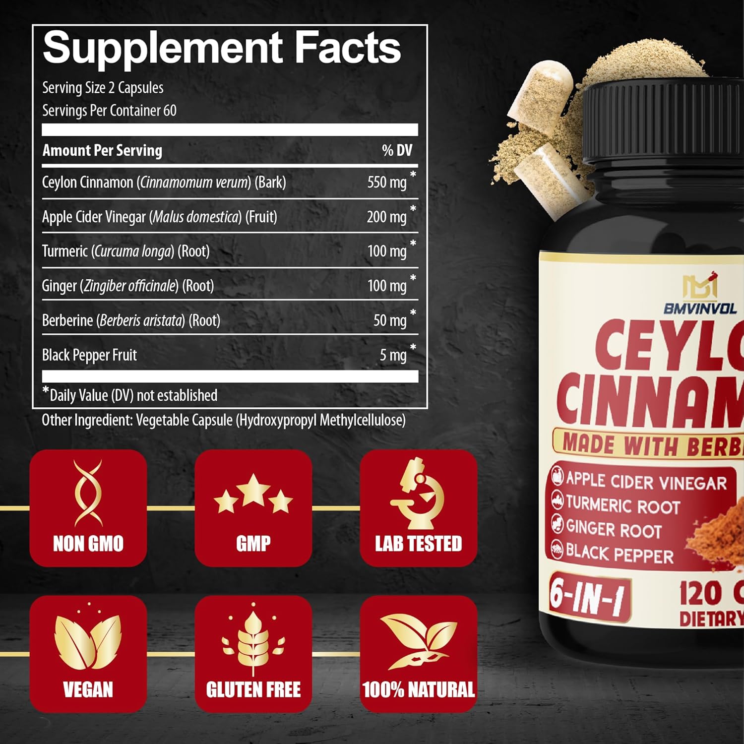 6in1 Ceylon Cinnamon Capsules with Berberine HCl, Apple Cider Vinegar, Turmeric, Ginseng, Black Pepper - 120 Count for Immune Support