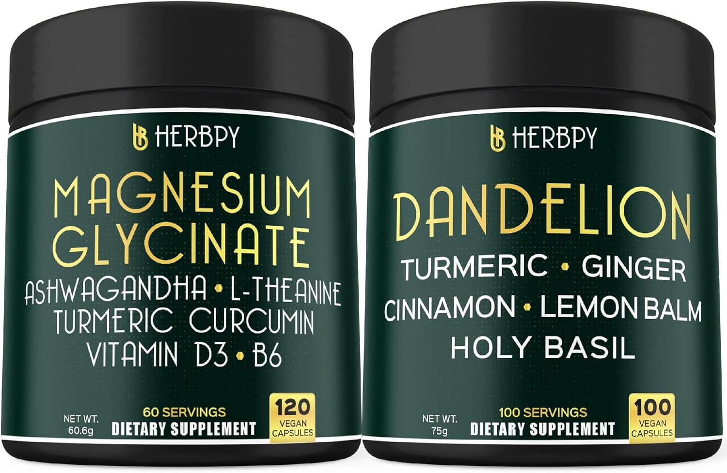 6in1 Herbpy Bundle: Magnesium Glycinate and Dandelion Supplements for Restful Day & Night, Relaxation, Immune, Heart, and Digestion Support