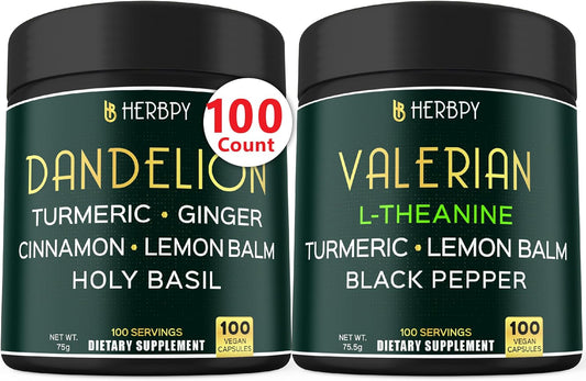 6in1 Herbpy Dandelion & Valerian Root Bundle for Heart, Immune, Digestive Health, Restful Sleep, Relaxation - Herbal Supplements